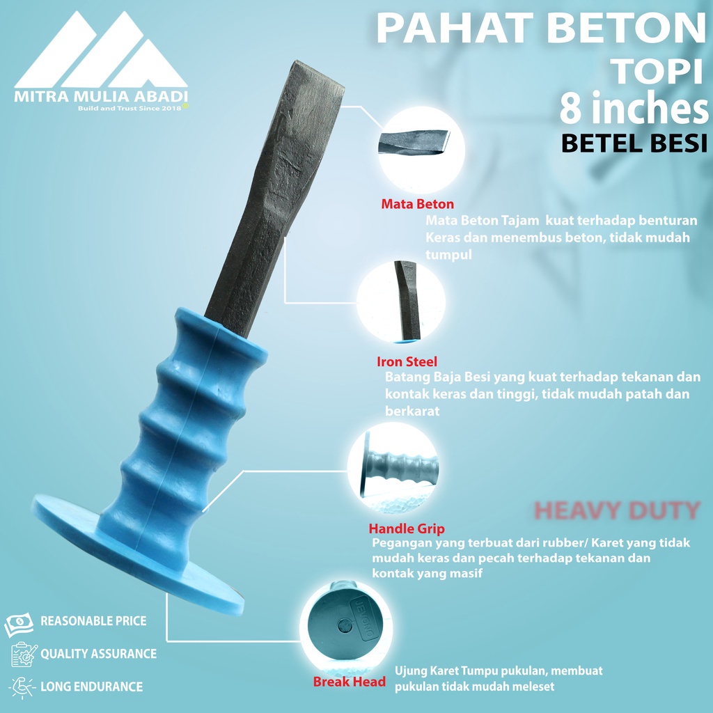 Betel Topi 8 Inch Pahat Beton Batu Besi Tembok Gagang Karet