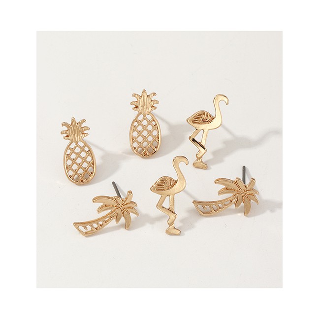 LRC Anting Set Fashion Golden Alloy Flamingo Pineapple Earrings 3 Pairs D91980