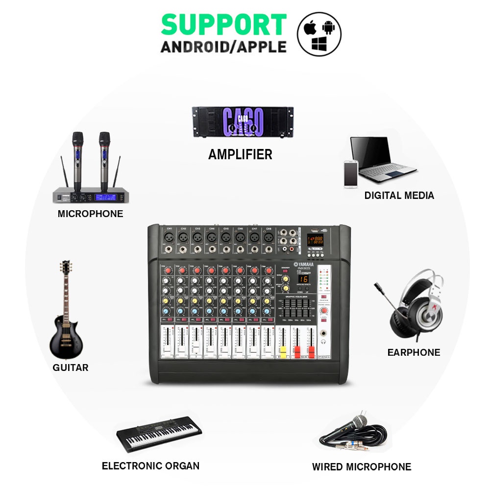 Mixer Audio Profesional YAMAHA PMX802S 8 sound strip built-in 650 watt power amplifier * 2 saluran 2 mikrofon nirkabel genggam 16DSP Layer 2 Equalizer Mendukung pemutaran Bluetooth/USB/MP3/PC Peralatan bernyanyi luar ruangan KTV