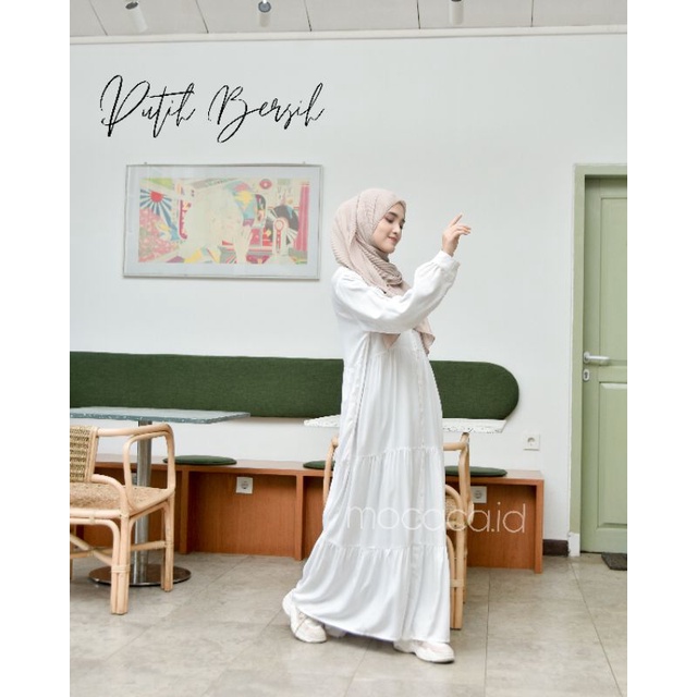 Dress Polos Putih bersih katun rayon twill model rufle babydoll susun ootd hijab busui kancing