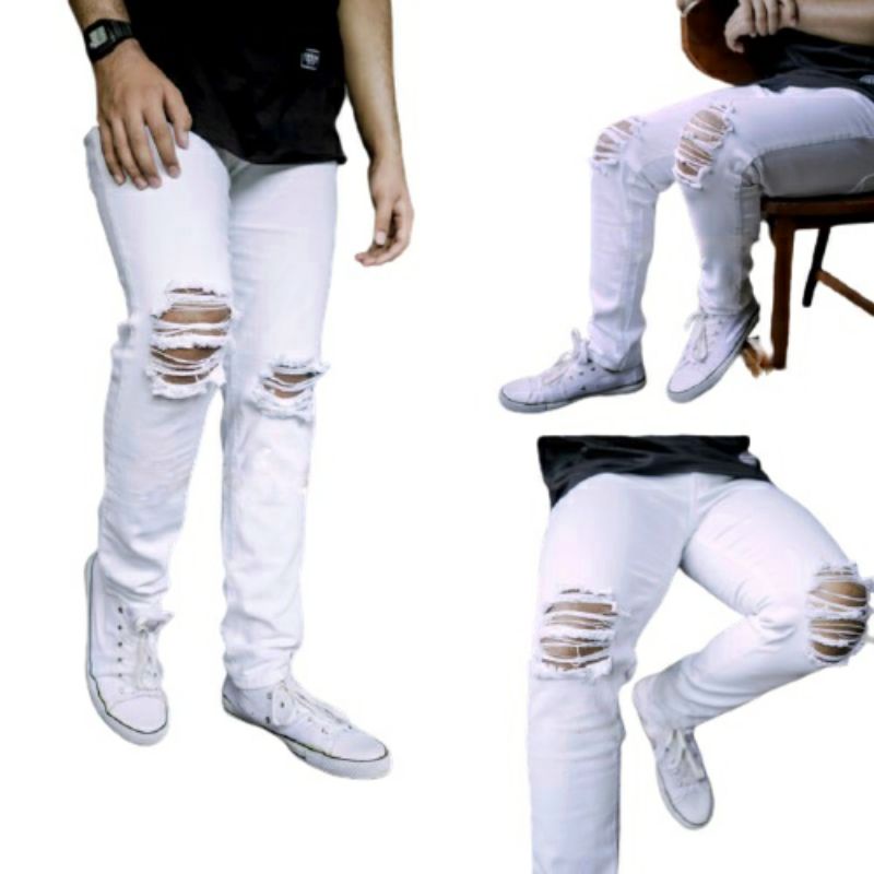 Celana jeans pria sobek robek lutut putih 27-38