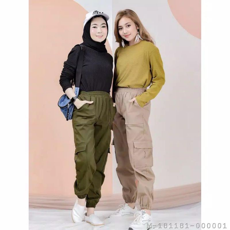 BAWAHAN WANITA JOGGER PANTS CARGO WANITA AMERICAN DRILL VZIK-028Warna: Hitam, Cream, CARAMEL, MILO, 