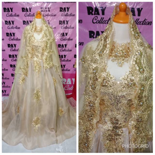 Gaun pengantin +hijab gold ( felvet+tile+korneli )