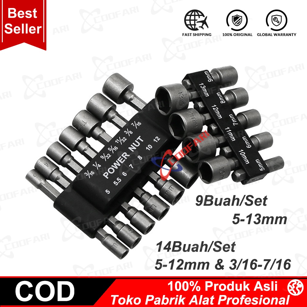 isi 9pcs / 14pcs Kunci Sok Drilling / Hex Nut / Mata Roofing Hex Socket Set Kunci Mobil Motor