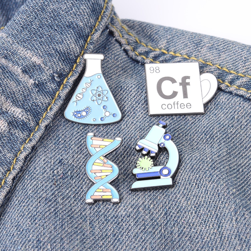 Beaker Microscope Gene Chain Enamel Pins Scientific Brooch Lapel Badge Bag Cartoon Jewelry Gift for Friends