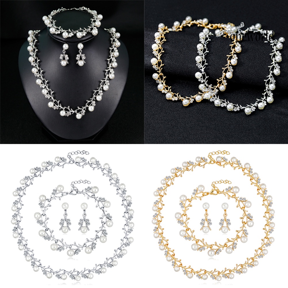 OW@ Women Bride Faux Pearl Rhinestone Necklace Stud Earrings Bracelet Jewelry Set