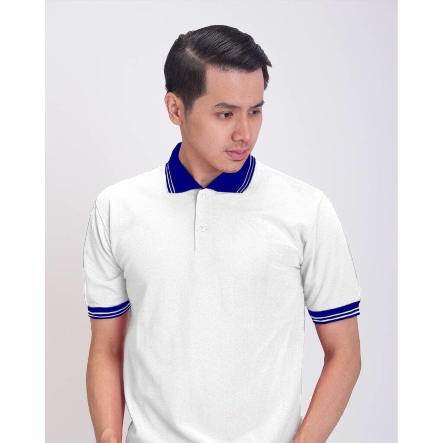 BAJU KAOS KERAH POLO SHIRT COWOK PRIA PUTIH KERAH BIRU