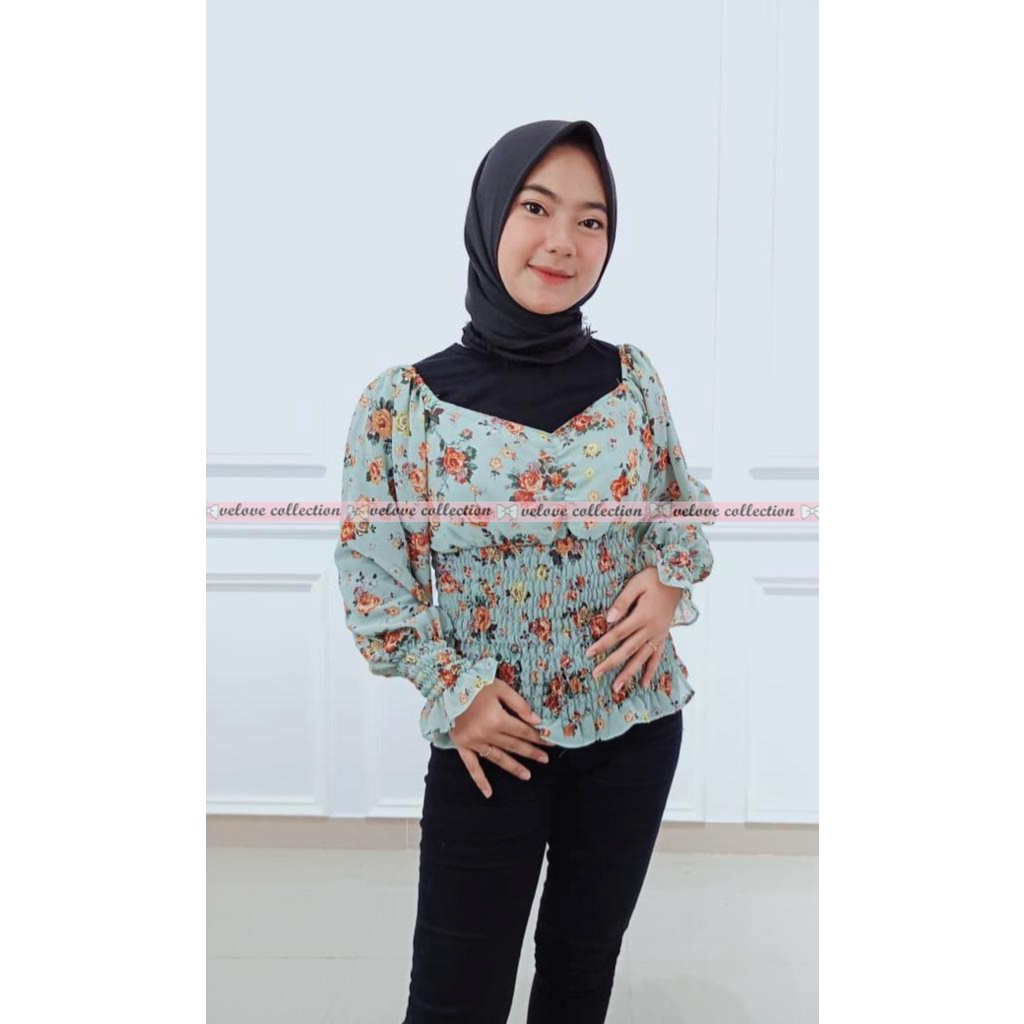 KALANTHA FASHION Chic Chiffon Top Vintage Blouse Wanita Motif Bunga Korean Style-4