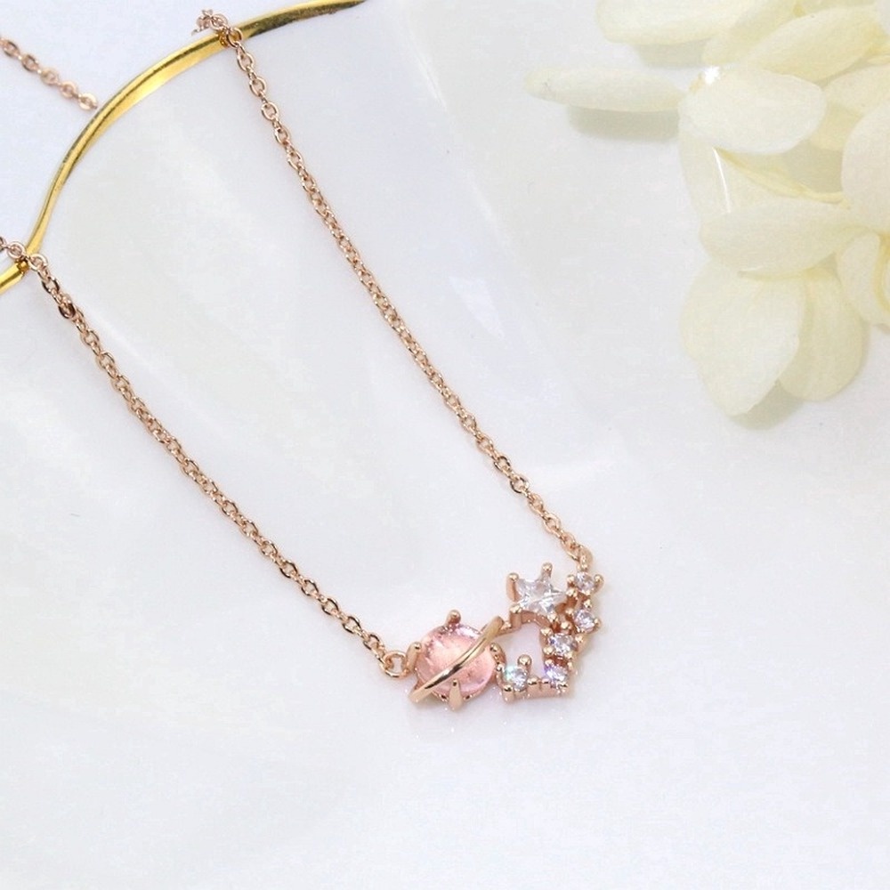 Pink Star Necklaces Pink Crystal Planet Pendant Necklace Women Simple Cute Jewelry Gifts