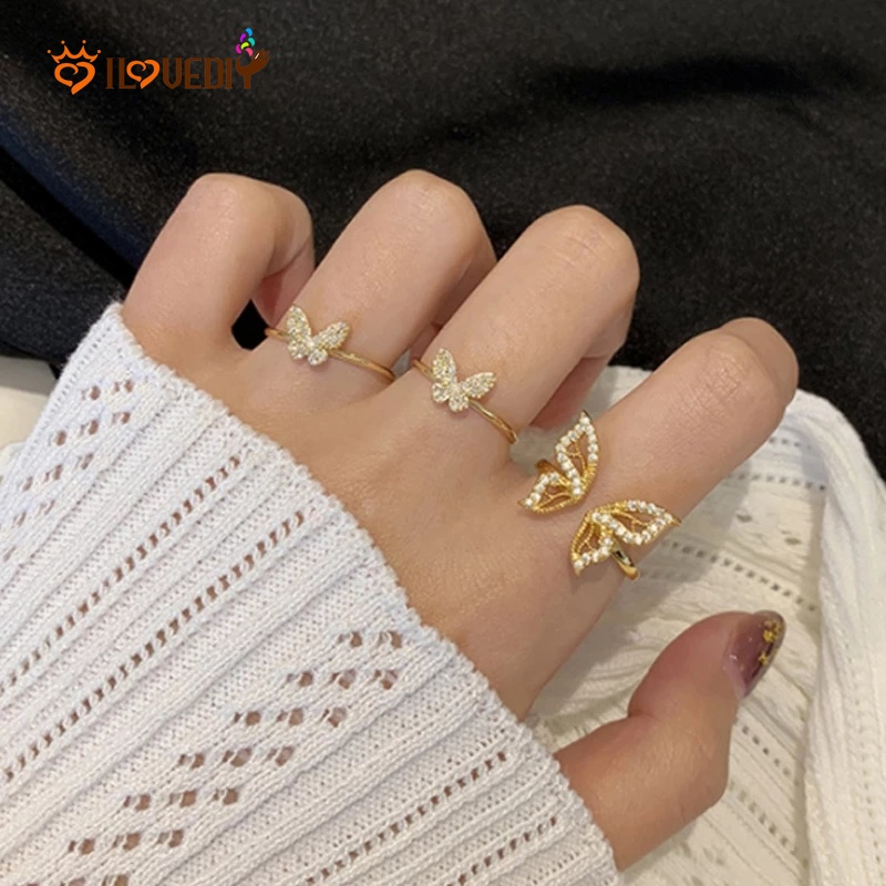 Cincin Model Terbuka Desain Kupu-Kupu Hollow Hias Zircon Gaya Korea Untuk Wanita