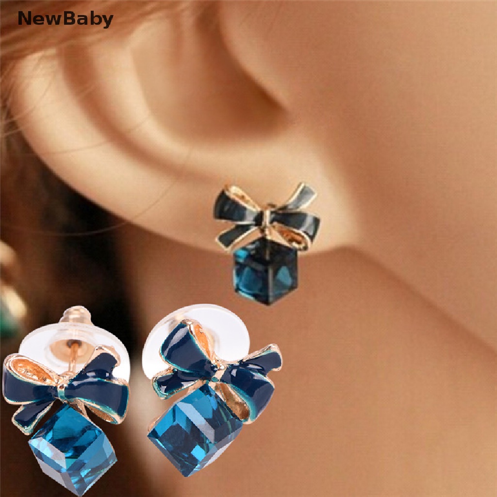 Anting Tusuk Desain Pita Enamel Hias Kristal Berlian Imitasi Warna Biru Untuk Wanita