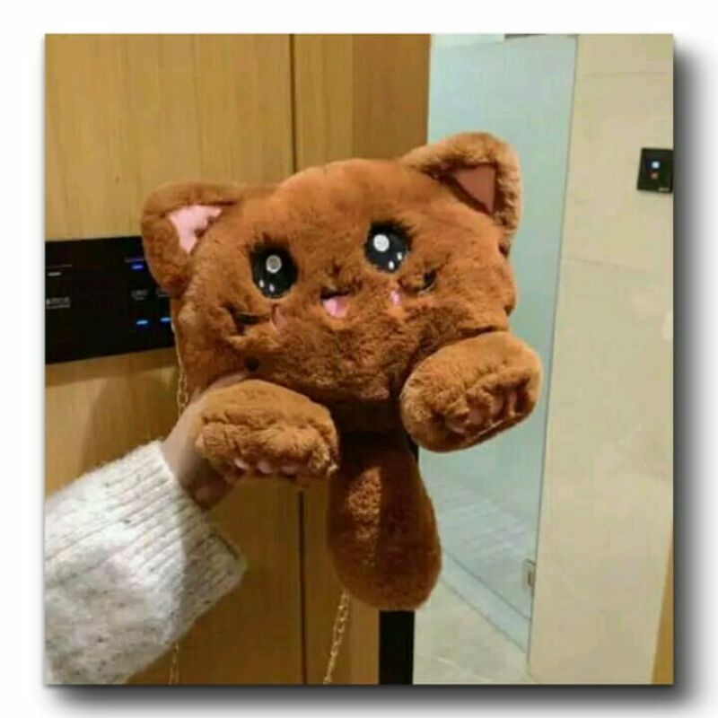 Tas Selempang Boneka Kucing FYYKACU Tas tali rantai Tas bulu korean style muat hp &amp; dompet ini