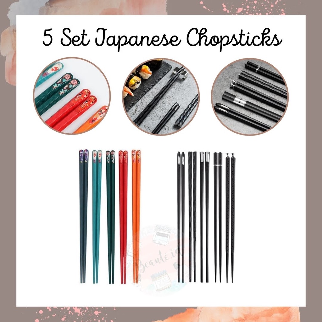 5 Pasang Sumpit Makan Stylish Warna Warni / Premium Black Aesthetic Japanese Style Berkualitas Anti Slip Awet Bahan PP Food Grade Mudah Dibersihkan Alat Makan Sushi Mie Reusable Chopstick Gift Souvenier