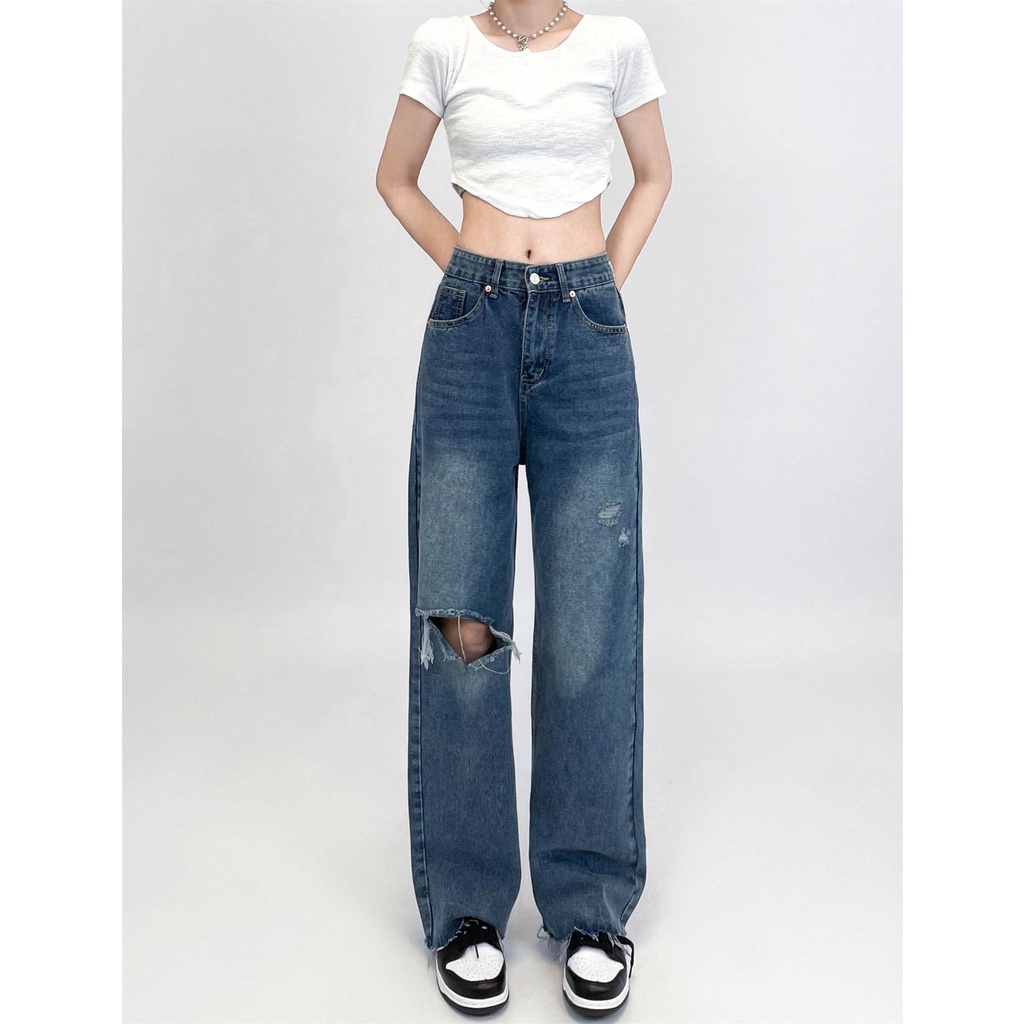 Highwaist Biru Premium Import Loose Original Fashion Retro Celana Jeans Panjang Wanita