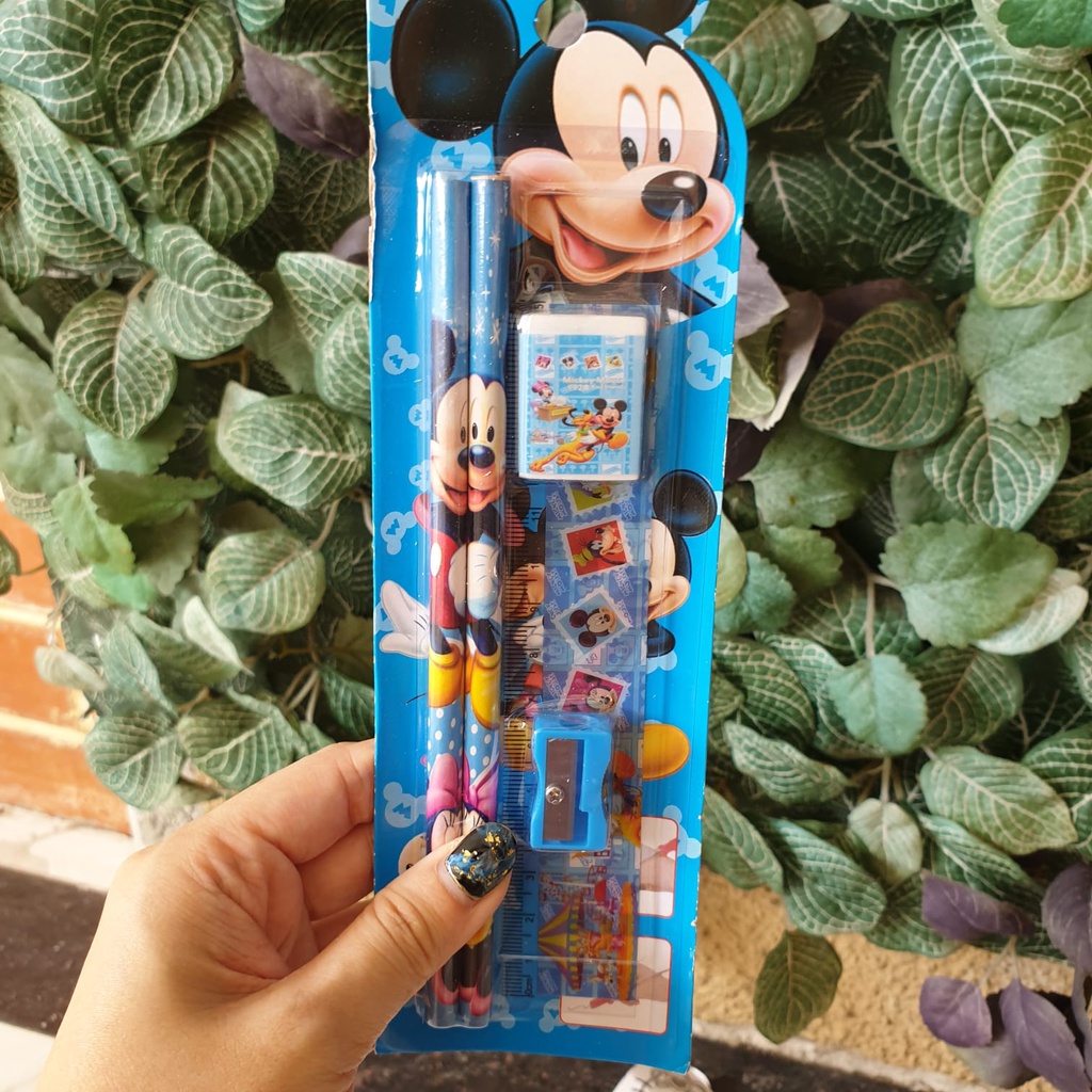 4in1 Set Alat Tulis Pensil + Pengahapus + Rautan  + Penggaris Motif karakter anak Frozen Cars Hellokity Princess Doraemon Mickey Winnie the poohUnicorn Set KADO Sovenir ultah sovenir lebaran kado anak lucu anak sekolah alat tulis anak