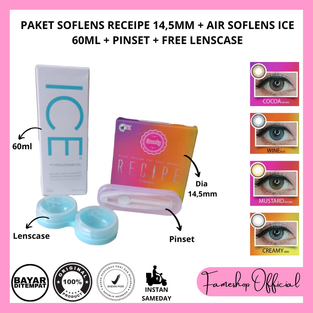 PAKET SOFTLENS RECIPE DIA 14,5MM + CAIRAN ICE 60ML + PINSET + LENSCASE / COD INSTAN SAMEDAY / LENSA KONTAK / PAKET MURAH