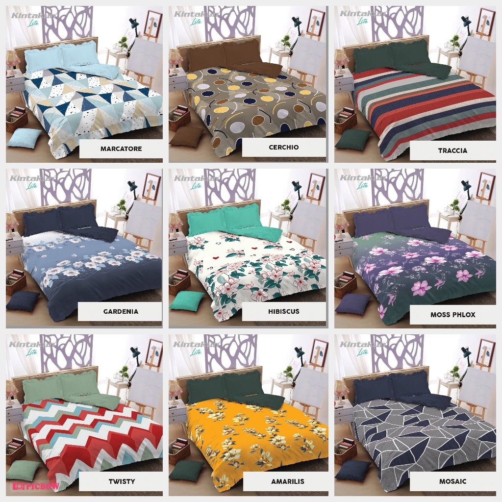 Bedcover Set Kintakun LITE Sprei Rumbai &amp; Sprei Flat Motif Hibiscus, Cerchio, Moss Phlox, Triangolo, Amarilis, Gardenia, Marcarote, Mosaic, Pua Pua, Sunsprite, Twisty, Traccia, Laila, Keisya, Paragon, Vista, Olin, Aydan, Ami, Carmen, Kejora, Nazra