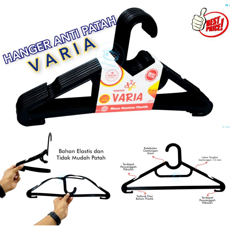 12 PCS GANTUNGAN BAJU HANGER BAJU - GEPENG - ANTI PATAH - VARIA - HITAM - GANTUNGAN BAJU MURAH - GANTUNGAN PAKAIAN - CELANA