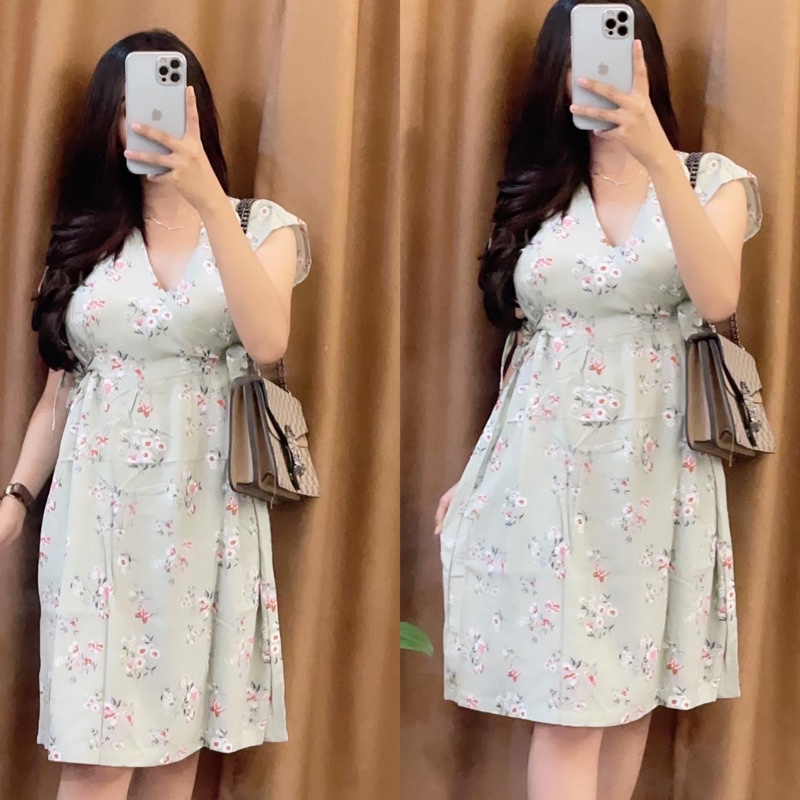 Baju tidur Daster kekinian kimono busui frendly bahan rayon adem-MINT BUNGA MERAH