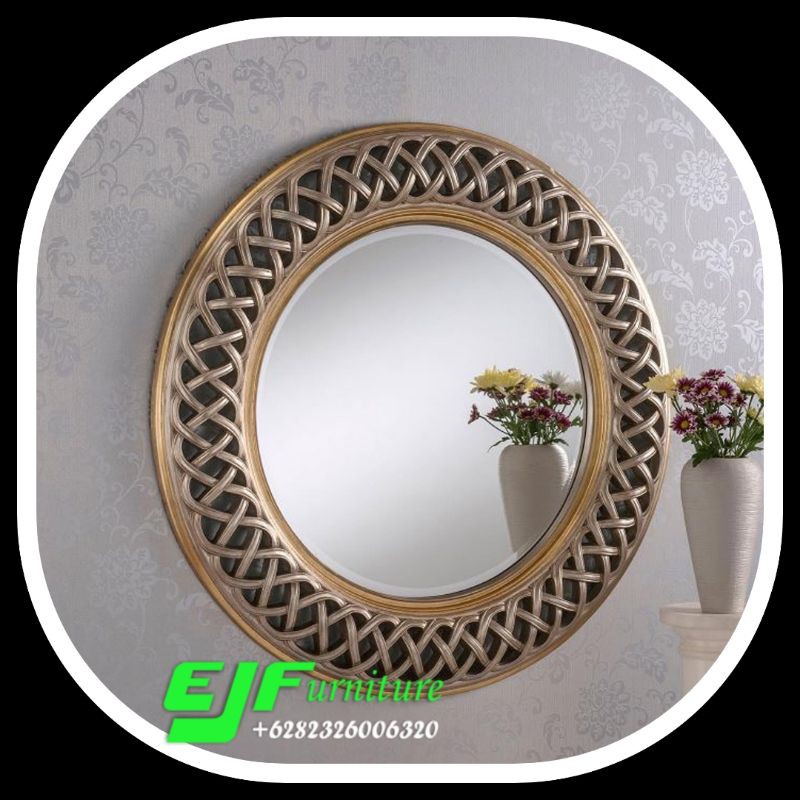 igura cermin hias bulat ukir jepara model terbaru warna emas