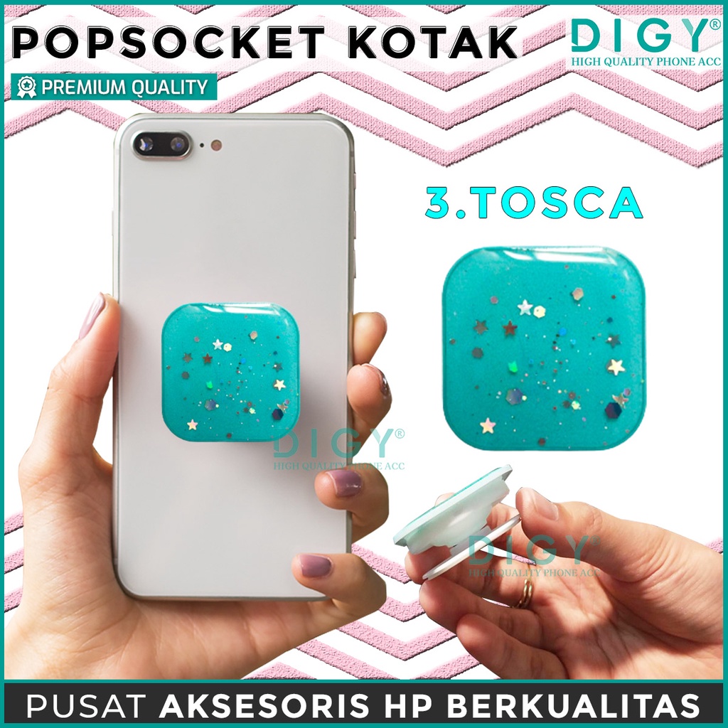 Popsocket Glitter kotak / ring stand hp quality import Pop Socket Hp Motif polos holder kotak hp / pegangan hp / standing socket