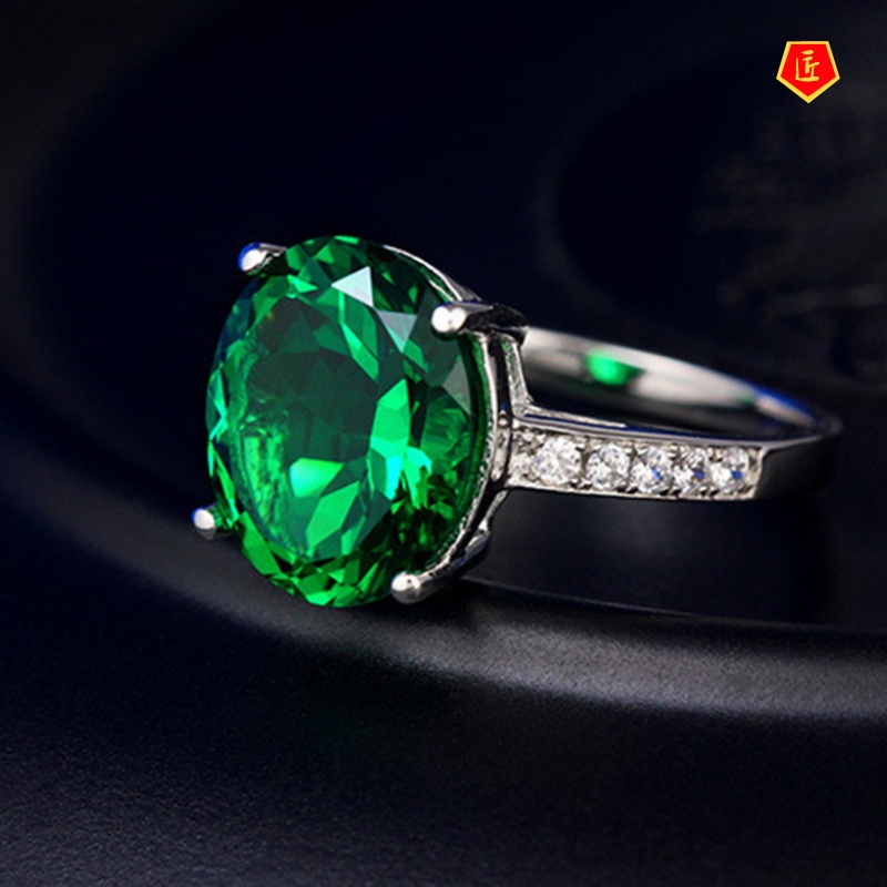 [Ready Stock]925 Silver Green Crystal Tourmaline Ring 18K White Gold Elegant Fashion