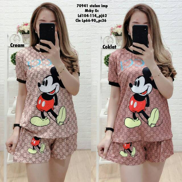 SETELAN KAOS+CELANA WANITA IMPORT PREMIUM MICKEY BURBERRY 70940
