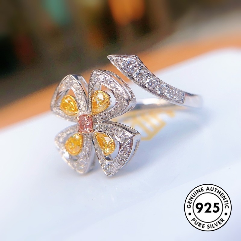 Cincin S925 Silver Bentuk Bunga Clover Warna Kuning Aksen Berlian