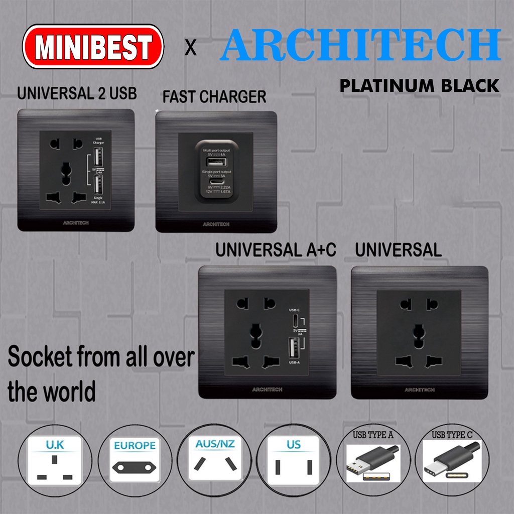 MINIBEST ARCHITECH PLATINUM BLACK / SAKLAR USB / STOP KONTAK COLOKAN B9 NEW 2.3