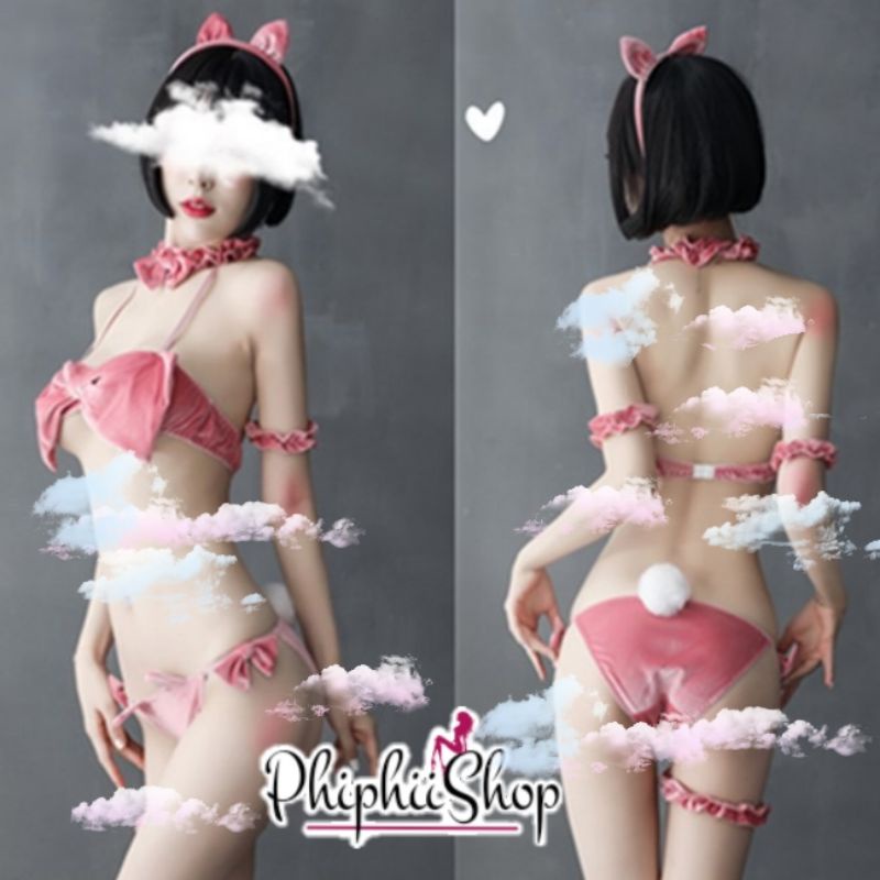 PREMIUM Bikini Set Bra Model Pita Sexy Bahan Beludru + Bando Kucing Cat Woman Aksesoris Kostum Lingerie