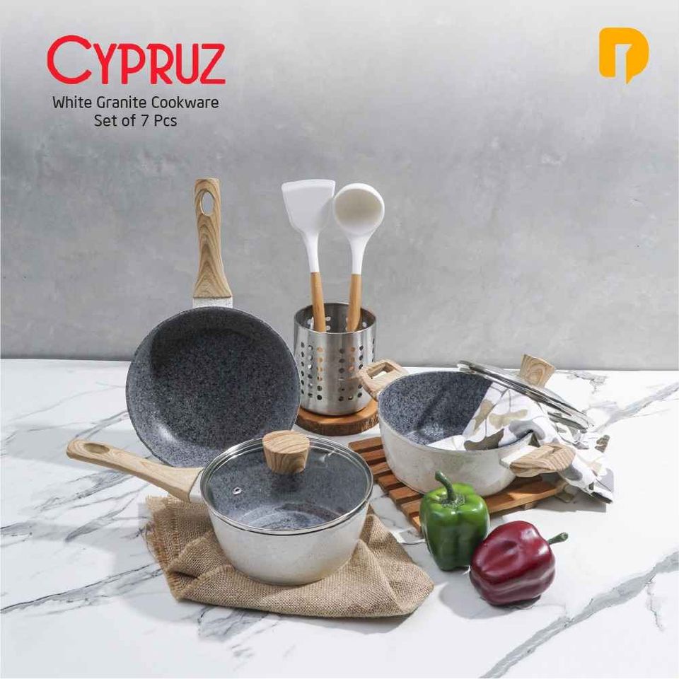 [BISA COD] Cypruz White Granite Cookware Set of 7 Pcs Panci Set Warna Putih Bahan Granit Dusdusan