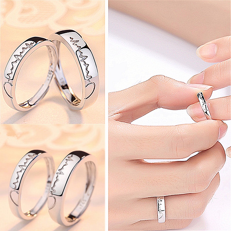 ECG Love Heart Zircon Hollow Opening Adjustable Anti-rust Waterproof Couple Ring Joint Ring Set Korean Fashion Jewelry Gift Best Accessories for Boys and Girls Friends