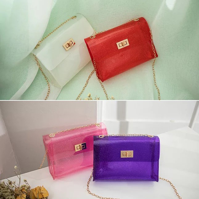 Rowling (45)Tas Handbag/Bahu/Selempang Bahan PVC Jelly Transparan untuk Wanita/Storage Makeup Hologram Handbags