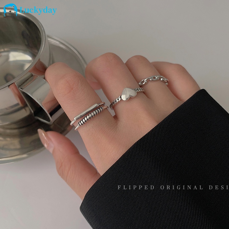 YEEZII 3pcs / Set Cincin Model Terbuka Adjustable Desain Hati Warna Silver Gaya Retro Untuk Wanita