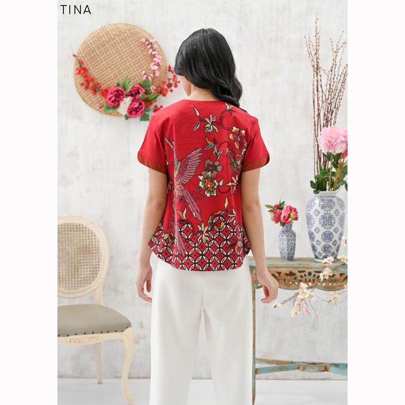 Evercloth Tina Blouse Wanita Atasan Wanita Batik Couple Top Jumbo Family Cheongsam CNY Imlek Merah