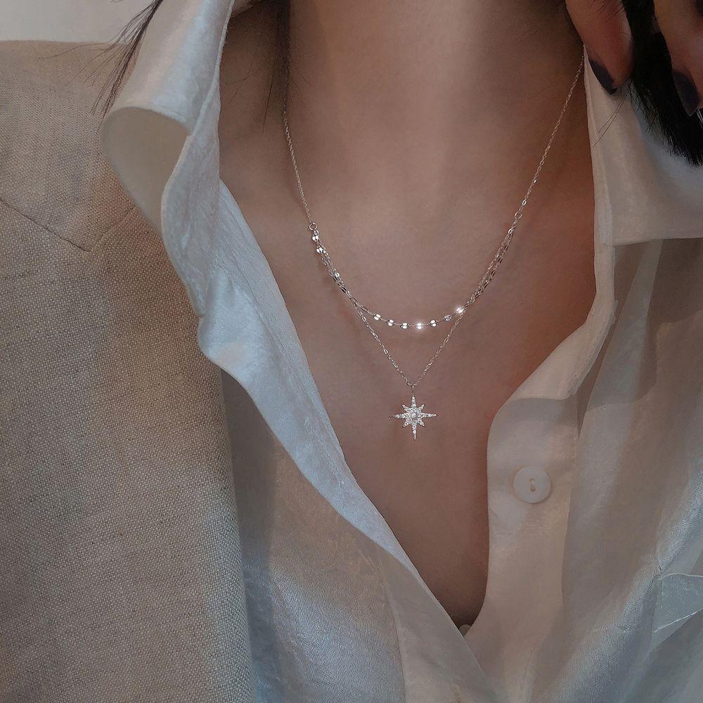 [Elegan] Kalung Rantai Korea Untuk Anak Perempuan Vintage Liontin Bulan Double Layer Kristal Leher Perhiasan