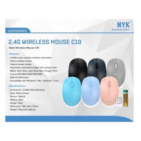 Mouse nyk wireless 2.4ghz usb optical 4d on off silent 1600dpi for office gaming pc laptop c-10 c10