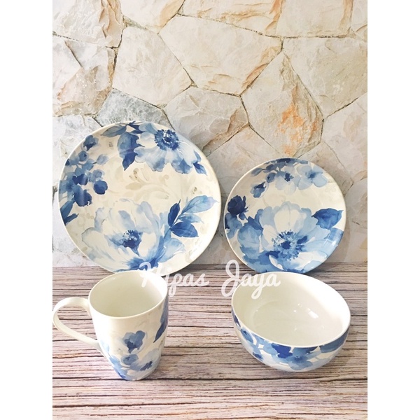 1 Set Cantik Piring + Mangkuk + Gelas Keramik Paradise Blue