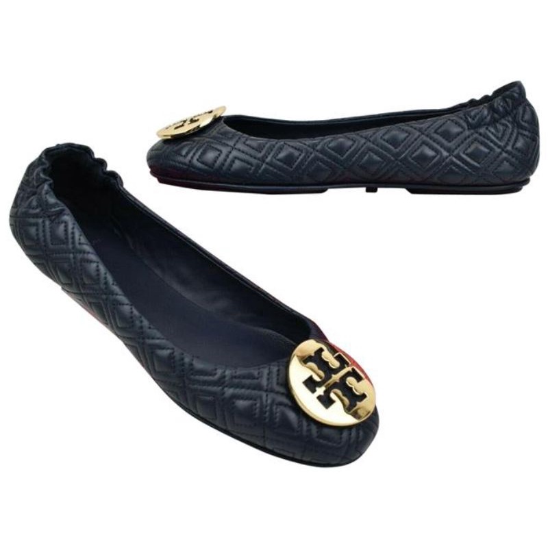 Tory Burch Minnie Quilted Black Nappa Leather Gold Ballet Flats