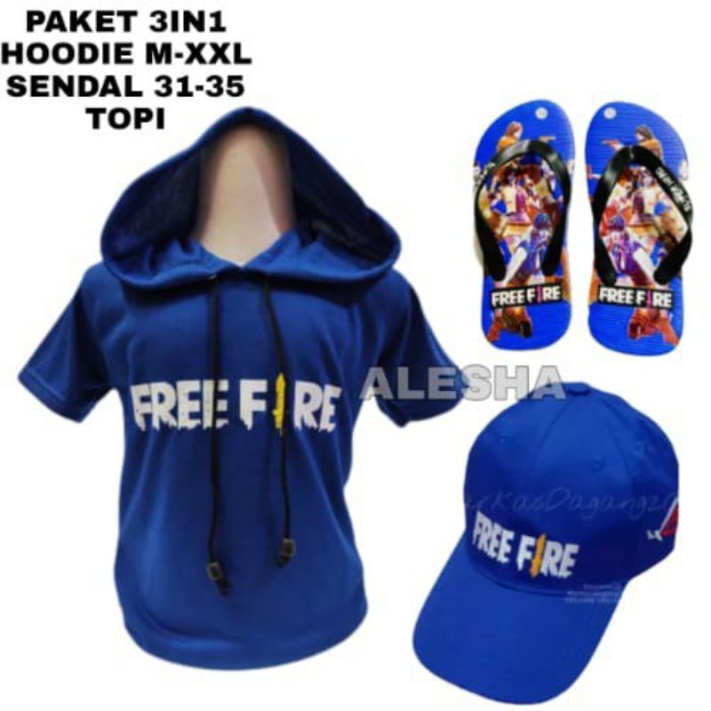 baju anak usia 2-10 tahun, topi dan sendal karakter Free fire boboiboy 3in1