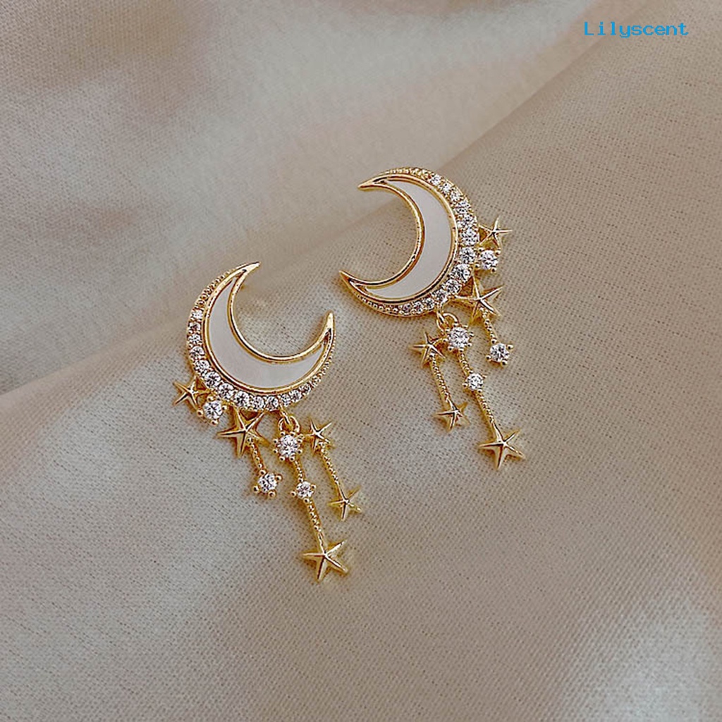 1 Pasang Anting Stud Rumbai Bentuk Bulan Bintang Aksen Berlian Imitasi Untuk Wanita