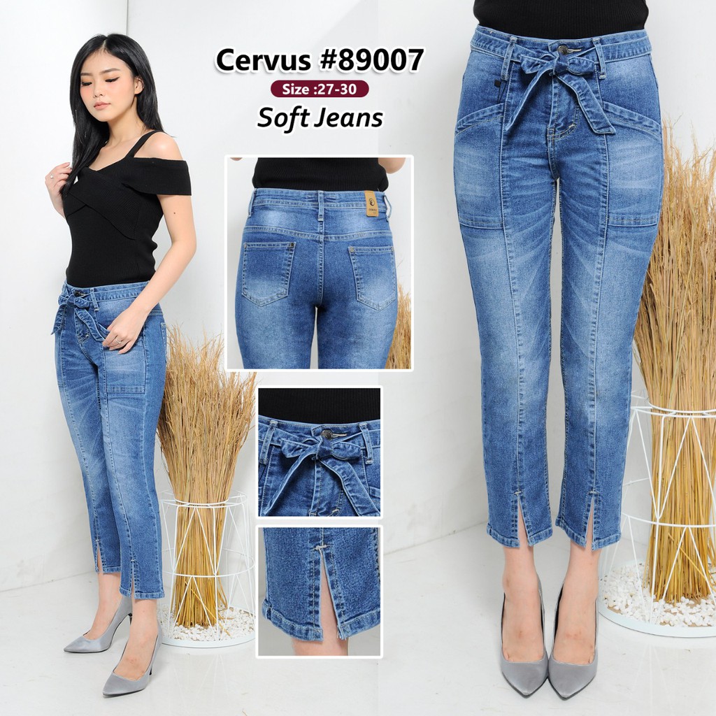 (PAKET GROSIR) Celana Jeans Wanita 7/9 Stretch Kaki Belah Cervus Jeans #89007