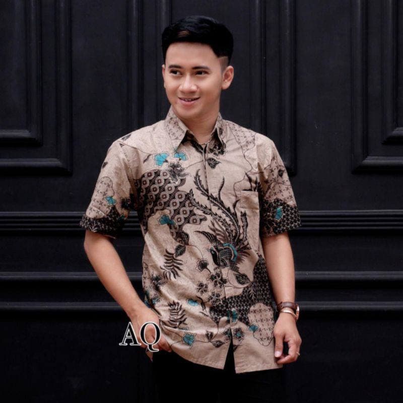 Batik Pria Lengan Pendek Premium BATIK AZMIL HRB026 motif KERATONAN Kode 002 size M L XL XXL-PENDEK-Majapahit