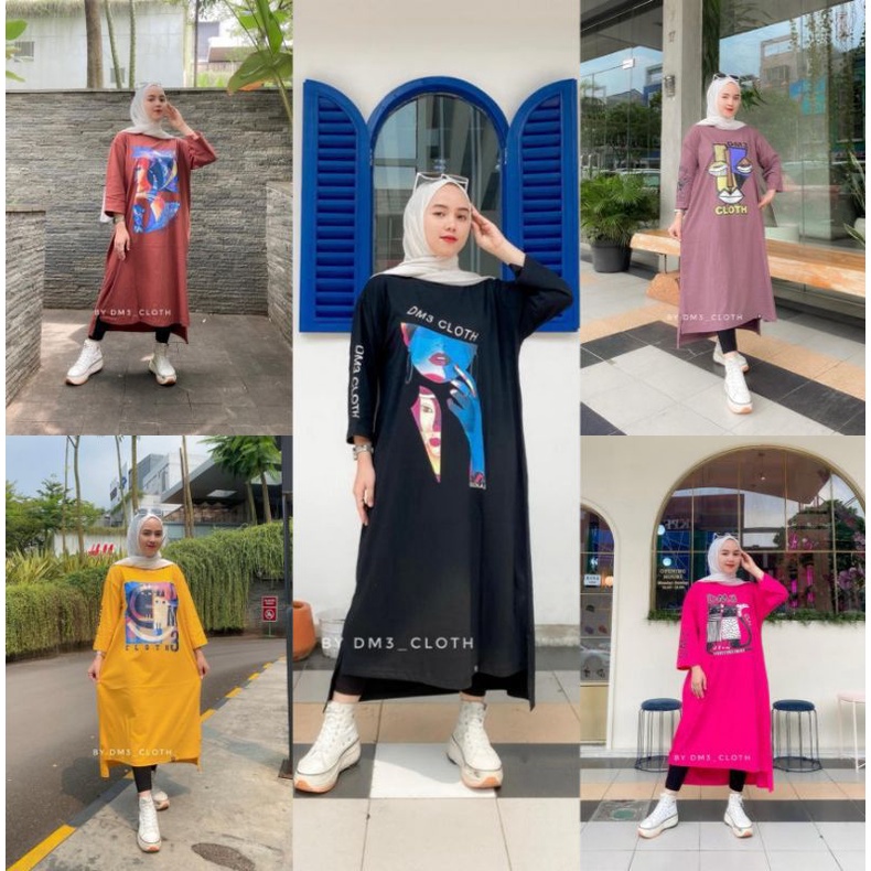 Long Tunik DM3 Cloth Original Kaos Kombed 20s Oversize Motif Terbaru