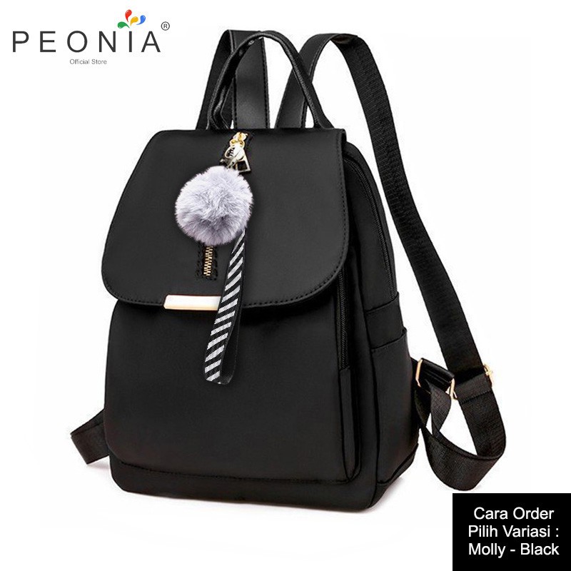 Peonia PNA MOLLY POM Water Resistant Ransel Korea Tas Wanita Punggung Import Kantor Kerja Sekolah Kuliah Outdoor Trendy Fashion Style Travel Casual Backpack Anak Remaja Perempuan Selempang Cewek Bag-Black