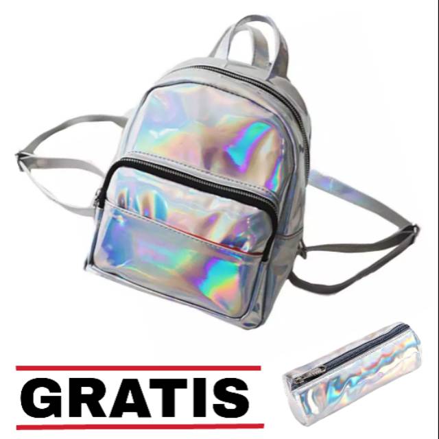 Tas Ransel Wanita Mini Hologram GRATIS Tempat Pensil