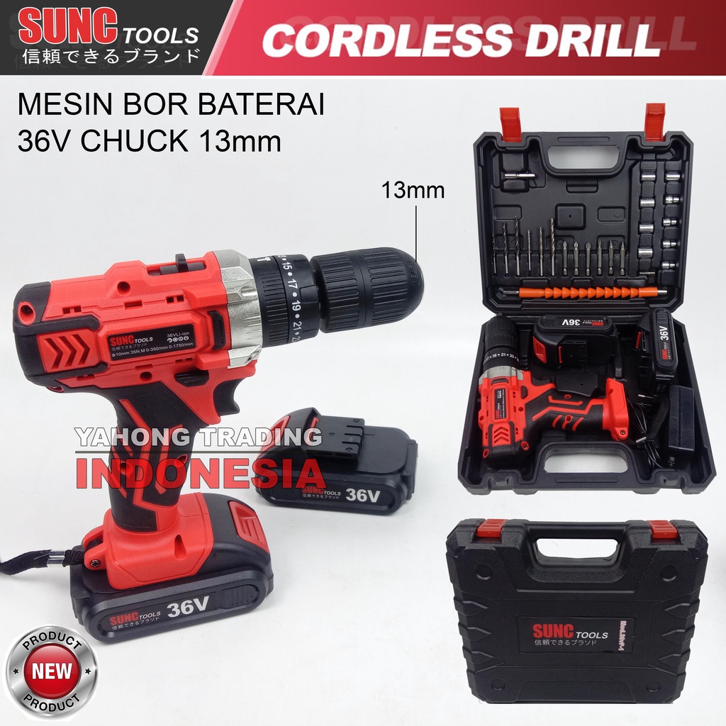 Mesin Bor Baterai Cordless Drill Bor Batere 36VF 36V 13mm SUNC TOOLS