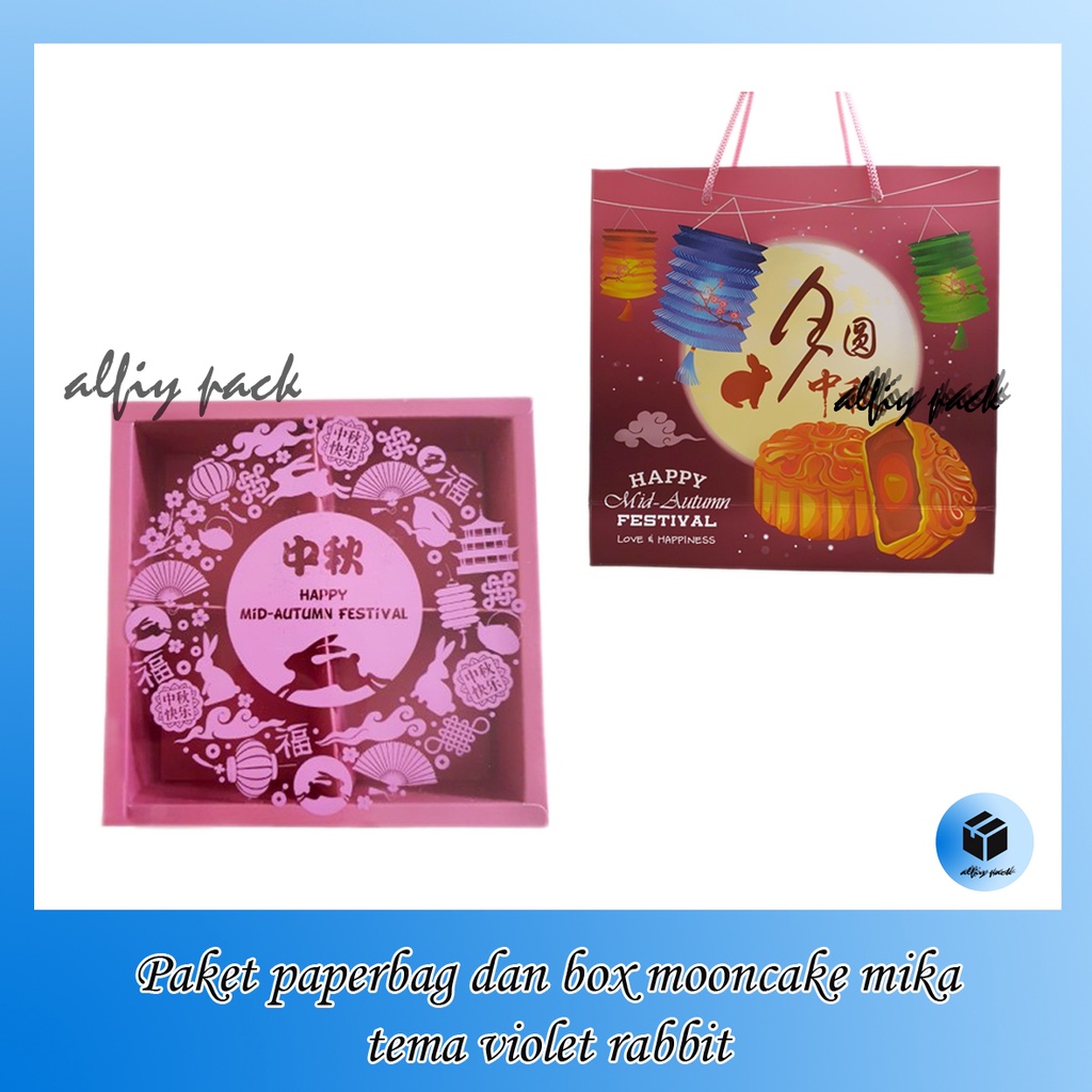 

1pack isi 5pcs BUNDLING PAPERBAG VIOLET RABBIT DAN BOX MOONCAKE SLIDING MIKA MID AUTUMN FESTIVAL SEKAT 4 DUS BOX PIE MOON CAKE 100GR KOTAK KUE BULAN INSERT PARTISI 4 PACKAGING HAMPERS PAPER BAG