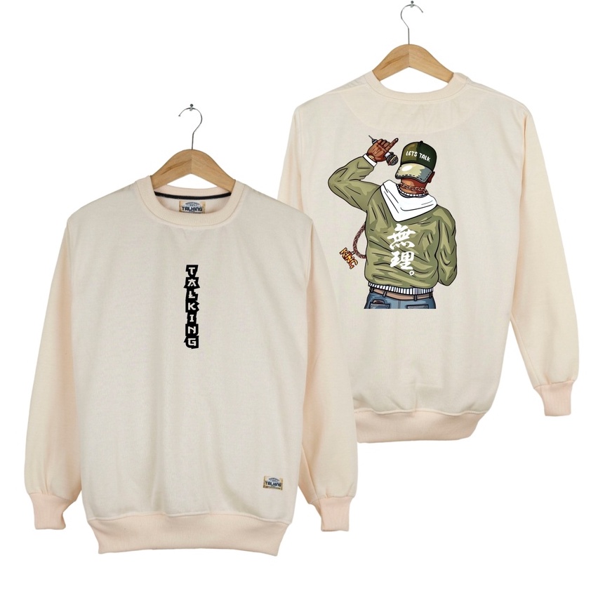 Talking Sweater Crewneck Sablon Belakang Suiter Pria Wanita Warna Cream