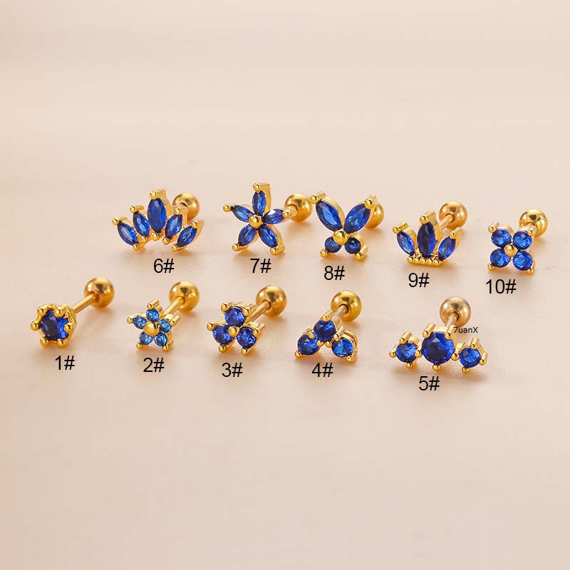 1pc Anting Tindik Tulang Rawan Telinga Desain Mahkota Bunga Hias Zirkon Biru Kerajaan Bahan Stainless Steel 20 Gage